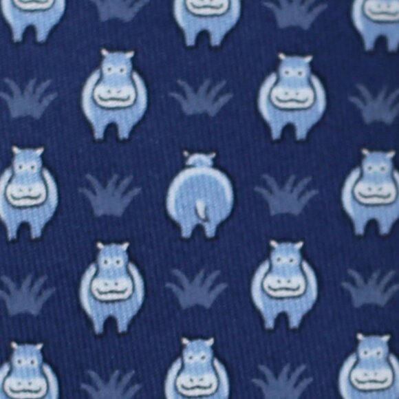 100% REAL HERMES TIE ~ BLUE w FUN LIGHT BLUE AFRICAN HIPPOS HIDING IN THE GRASS - Picture 1 of 4